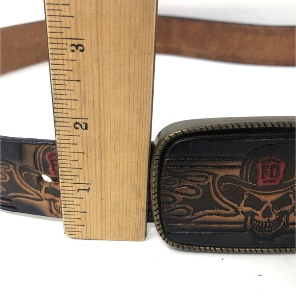 VTG Brass Skull FD Helmet Buckle Embossed Belt Mens 38 Black Leather Fire Dept - Picture 9 of 12